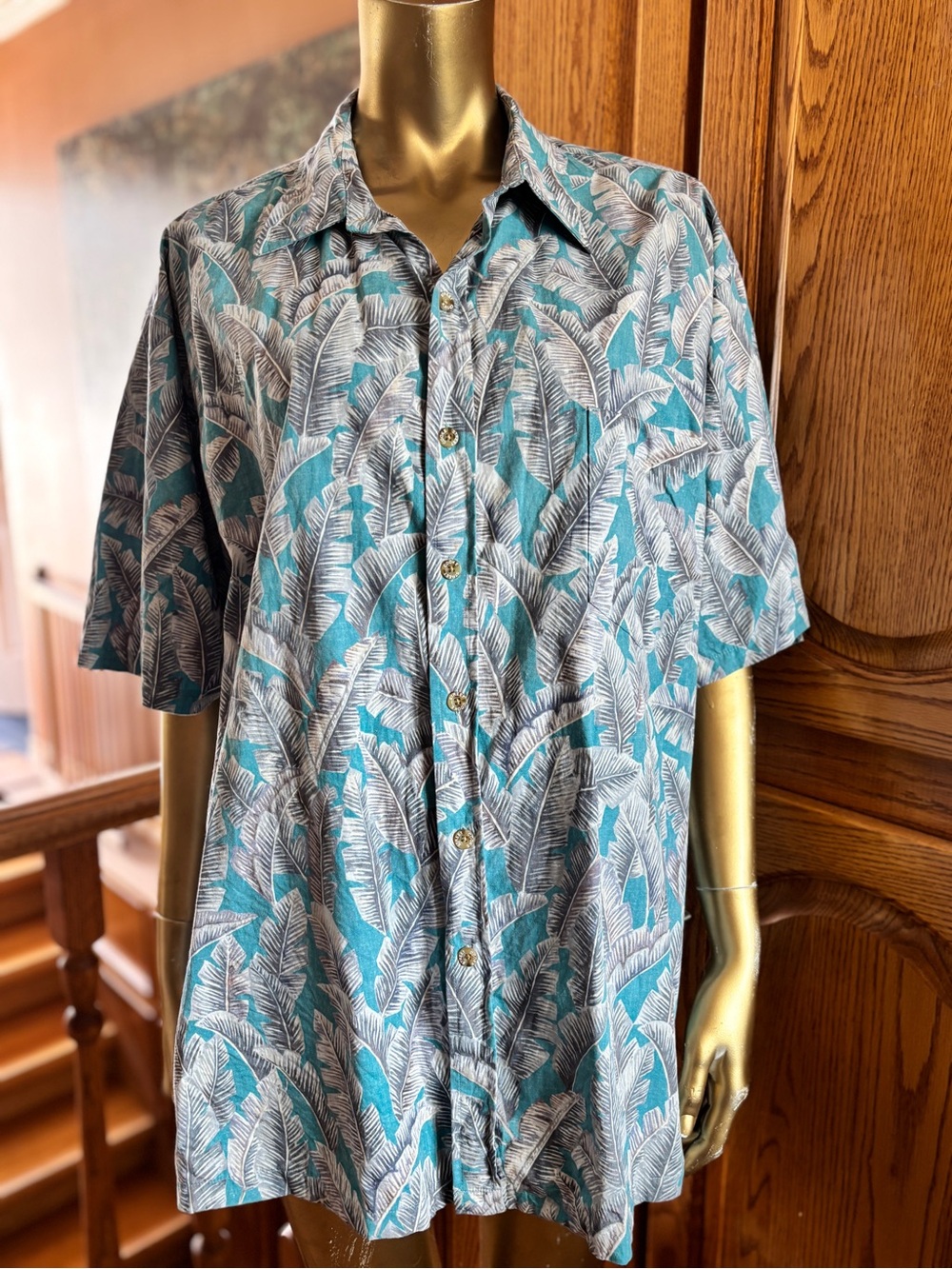 Men's Teal Tropical Short-Sleeve Button-Down Shirt